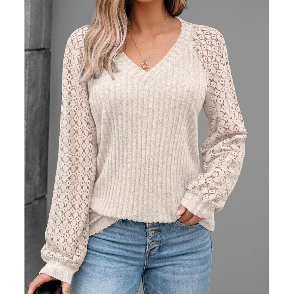 Automet Beige Ribbed Knit V-Neck Top with Lace Raglan Long Sleeves NWT Size L